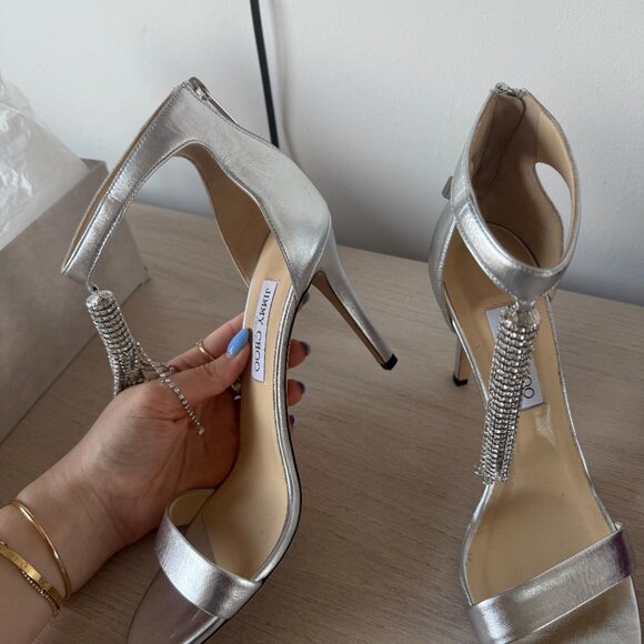 NWT Jimmy Choo Viola 100 Metallic Nappa Leather Crystal Chandelier Ankle Strap - Picture 9 of 16
